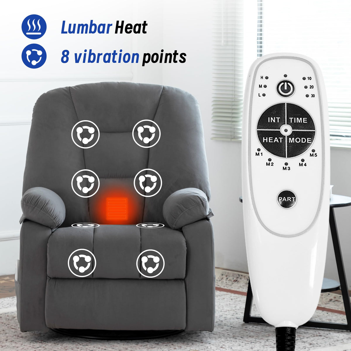 Power Swivel Rocker Recliner Chair with Massage and Heat, Gray O4542