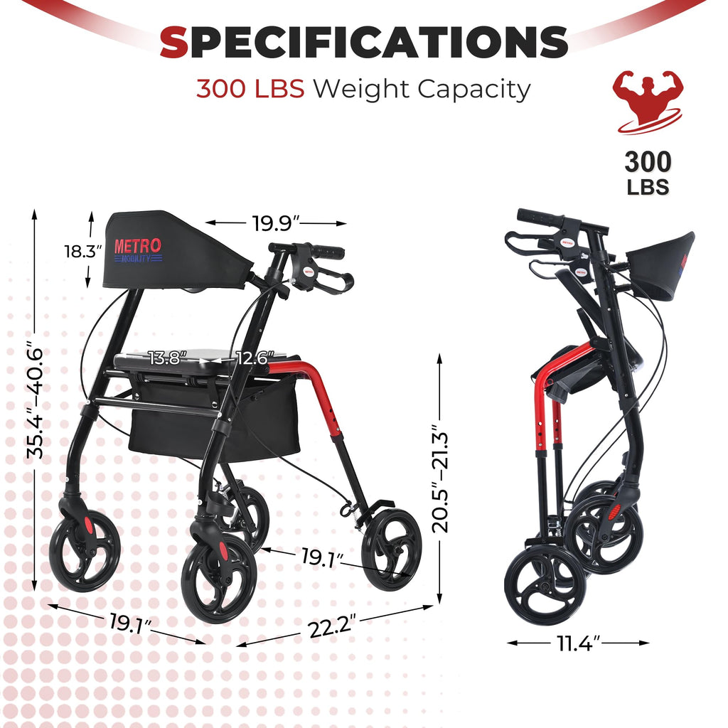 Foldable Lightweight Rolling Walker with Seat, 8" Wheels, 300 lb. Capacity, Red F14487