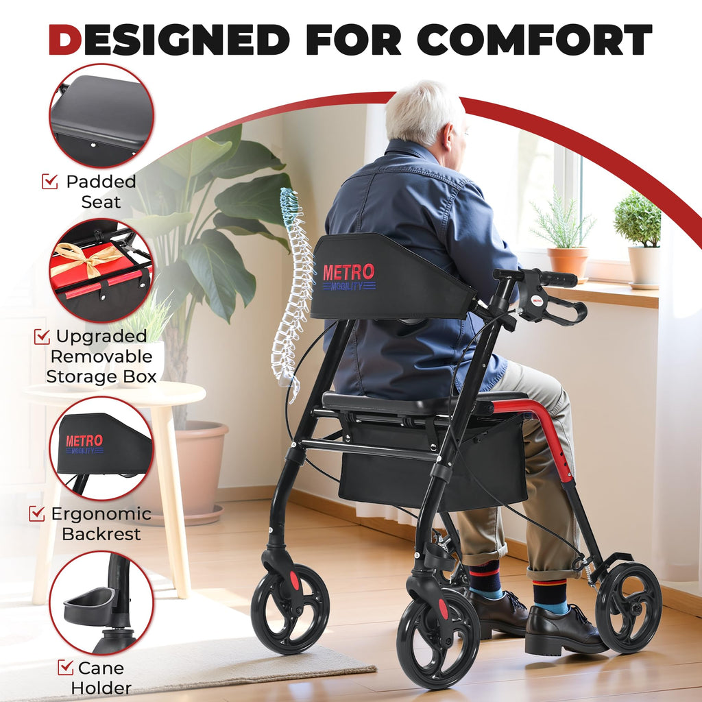 Foldable Lightweight Rolling Walker with Seat, 8" Wheels, 300 lb. Capacity, Red F14487
