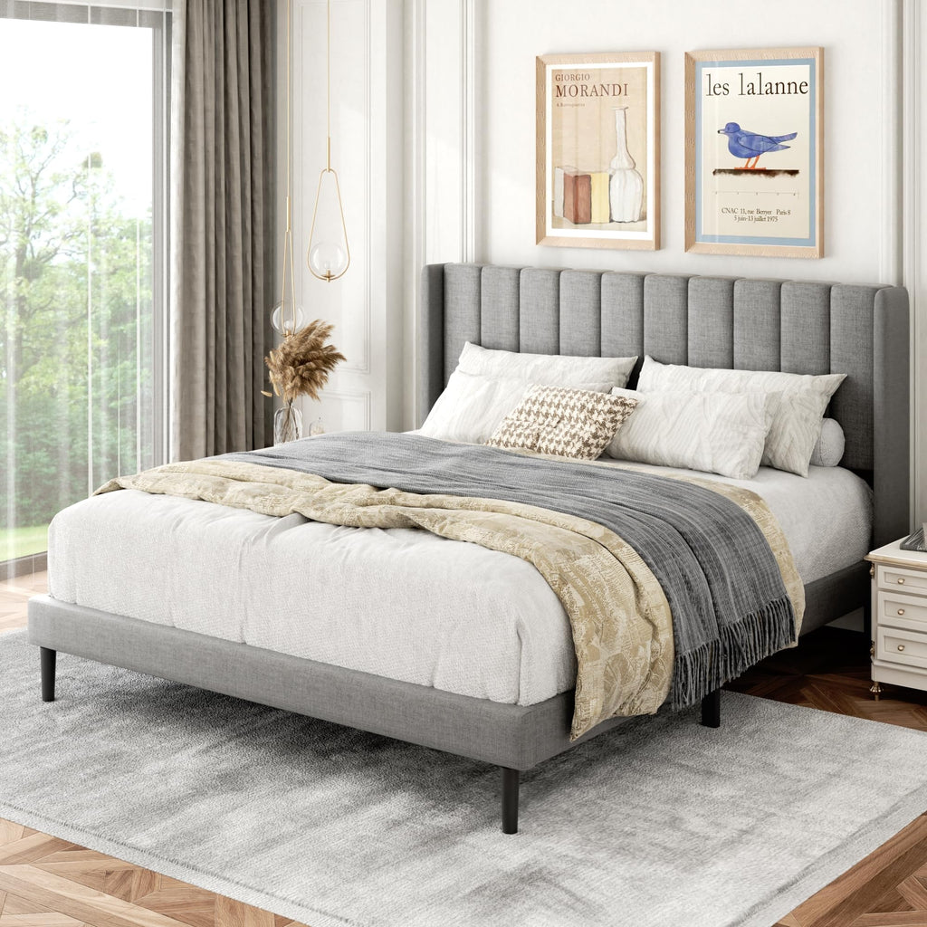 Queen Size Upholstered Platform Bed Frame with Wingback Headboard O289