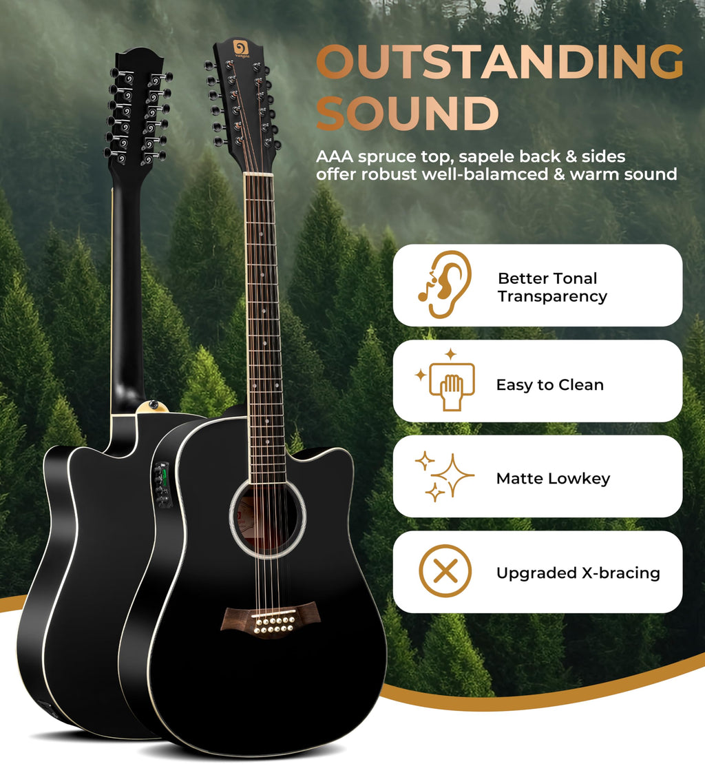12 String Acoustic Electric Guitar Spruce Top Bone Nut Black Matte L750