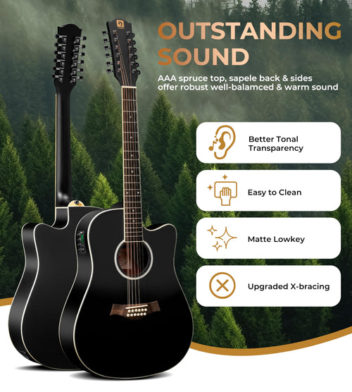 12 String Acoustic Electric Guitar Spruce Top Bone Nut Black Matte L750