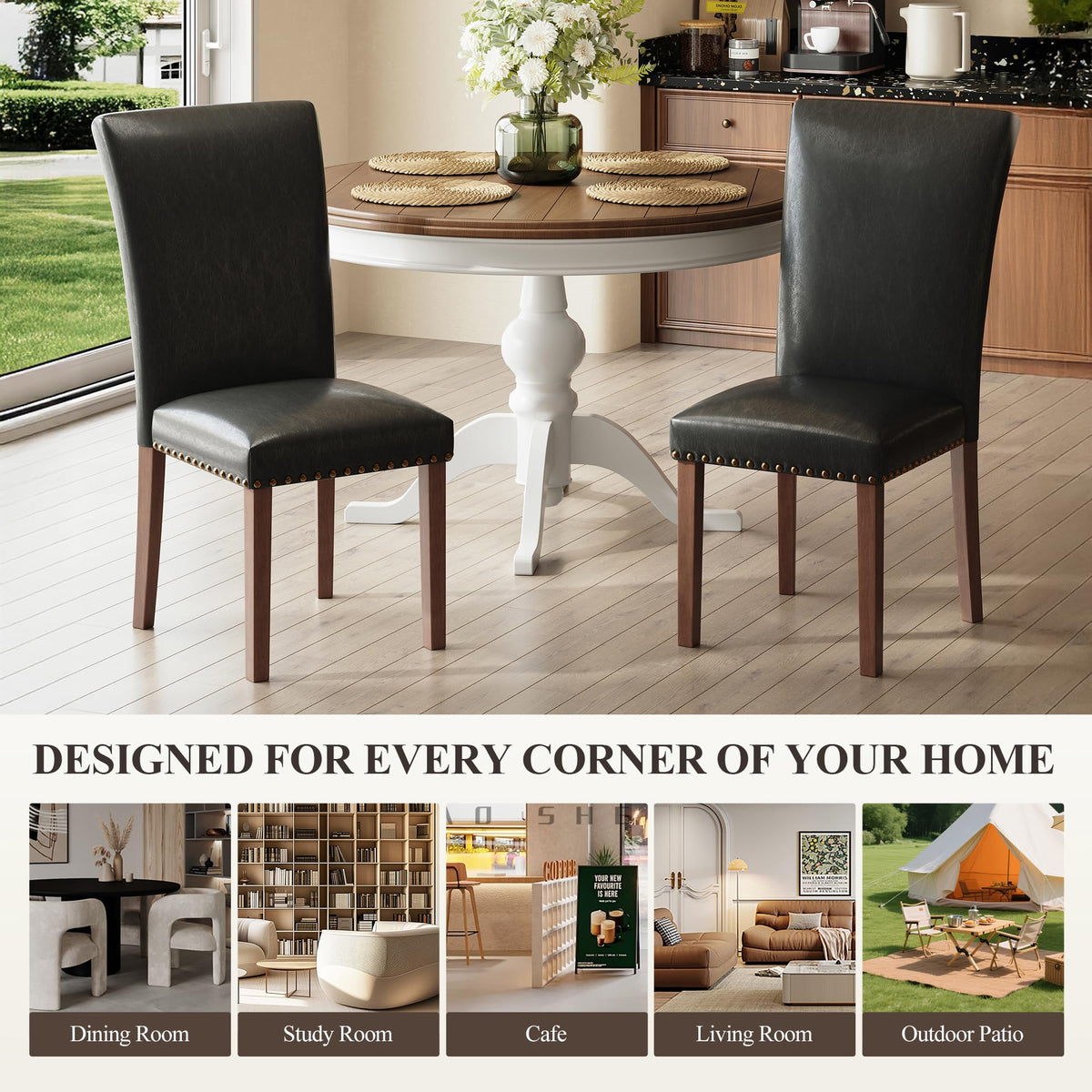Black Leather Dining Chairs Set of 2 with Wood Legs W9922