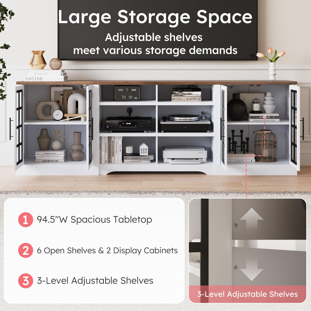 White Black TV Stand with 2 Cabinets and 3-Tier Shelves G1268