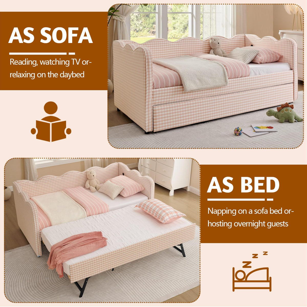 Pink Twin Size Gingham Daybed with Trundle A8930