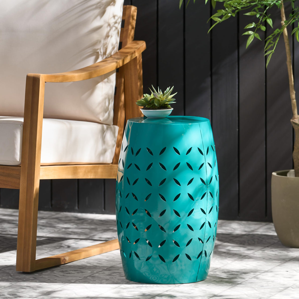 Teal Metal Garden Stool P31192