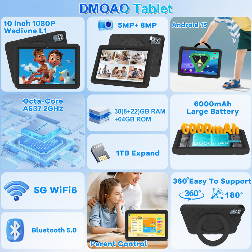 10.1 Inch Kids Tablet 64GB ROM Octa-Core Anti-Blue Light Screen Black A52820
