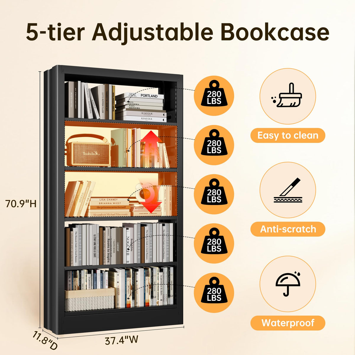 Black 5-Tier Metal Bookcase with Adjustable Shelves A3240