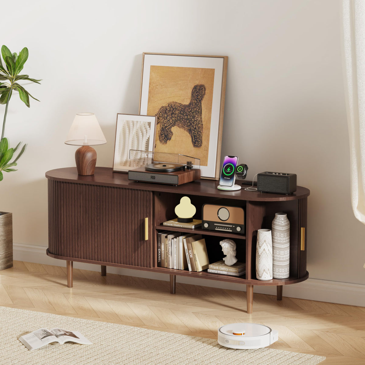 55 Inch Mid Century Modern TV Stand with Power Outlet and Adjustable Shelves N881492