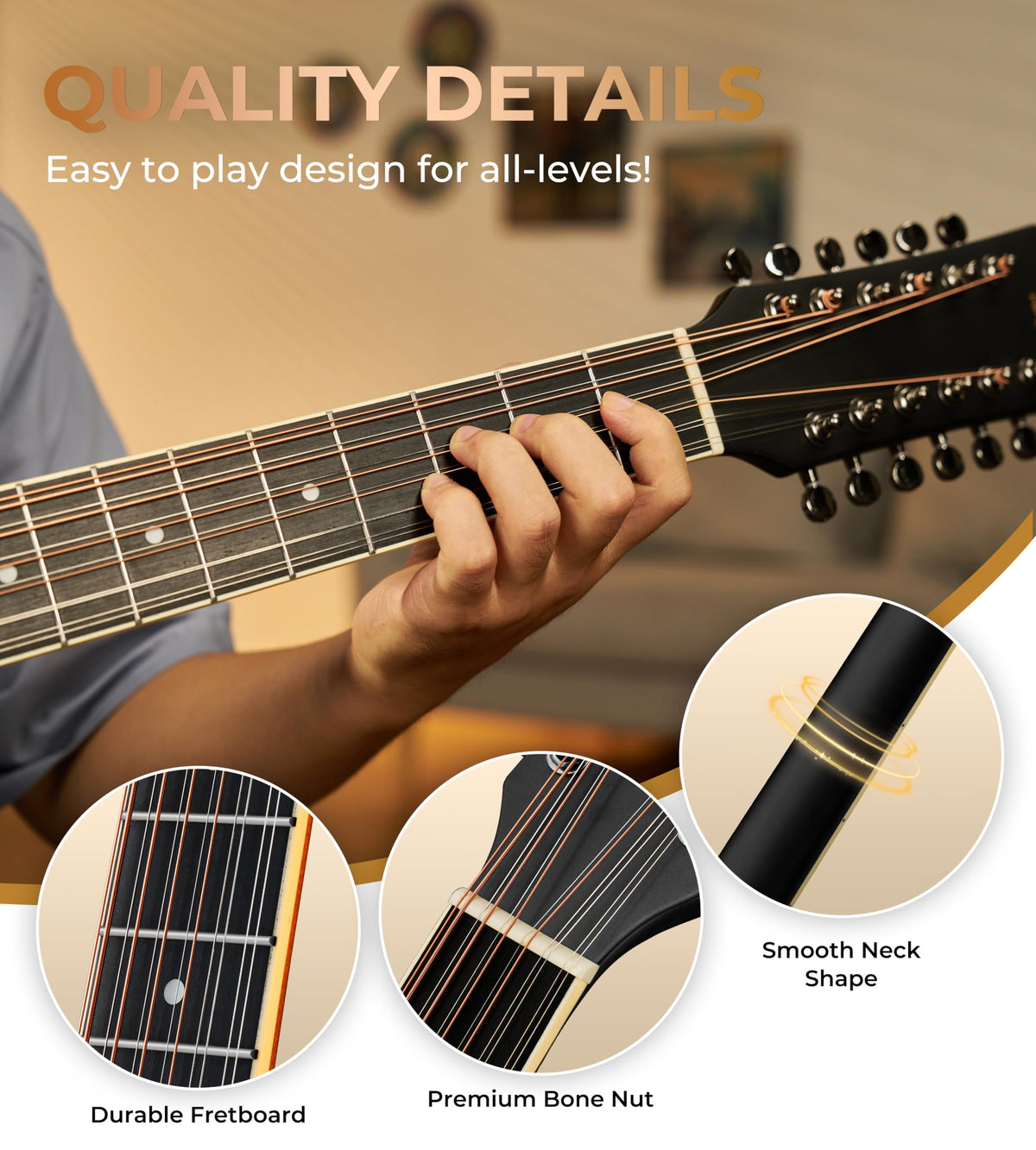 12 String Acoustic Electric Guitar Spruce Top Bone Nut Black Matte L750