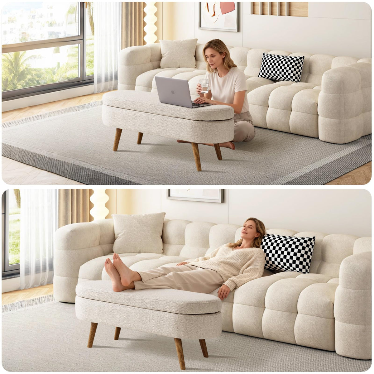 Beige Linen Upholstered Storage Ottoman Bench D611