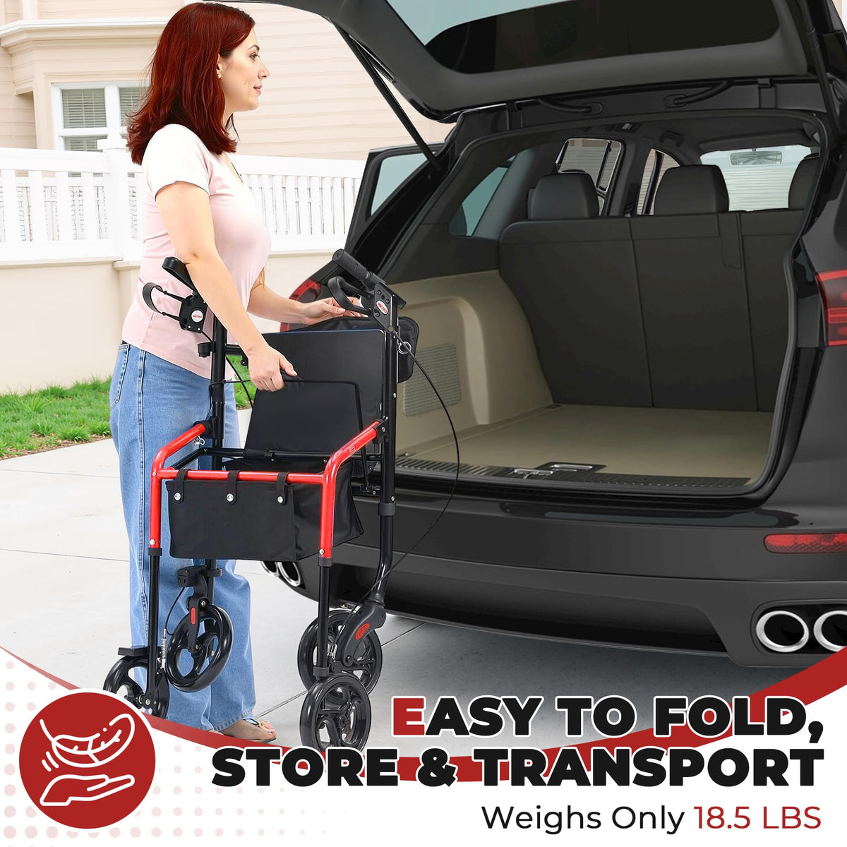 Foldable Lightweight Rolling Walker with Seat, 8" Wheels, 300 lb. Capacity, Red F14487
