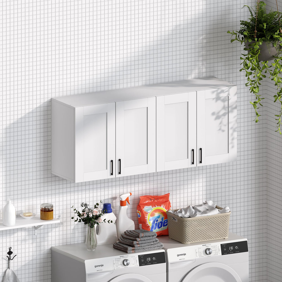 White Laundry Room Cabinets and Storage with 4 Doors and Adjustable Shelf G89698