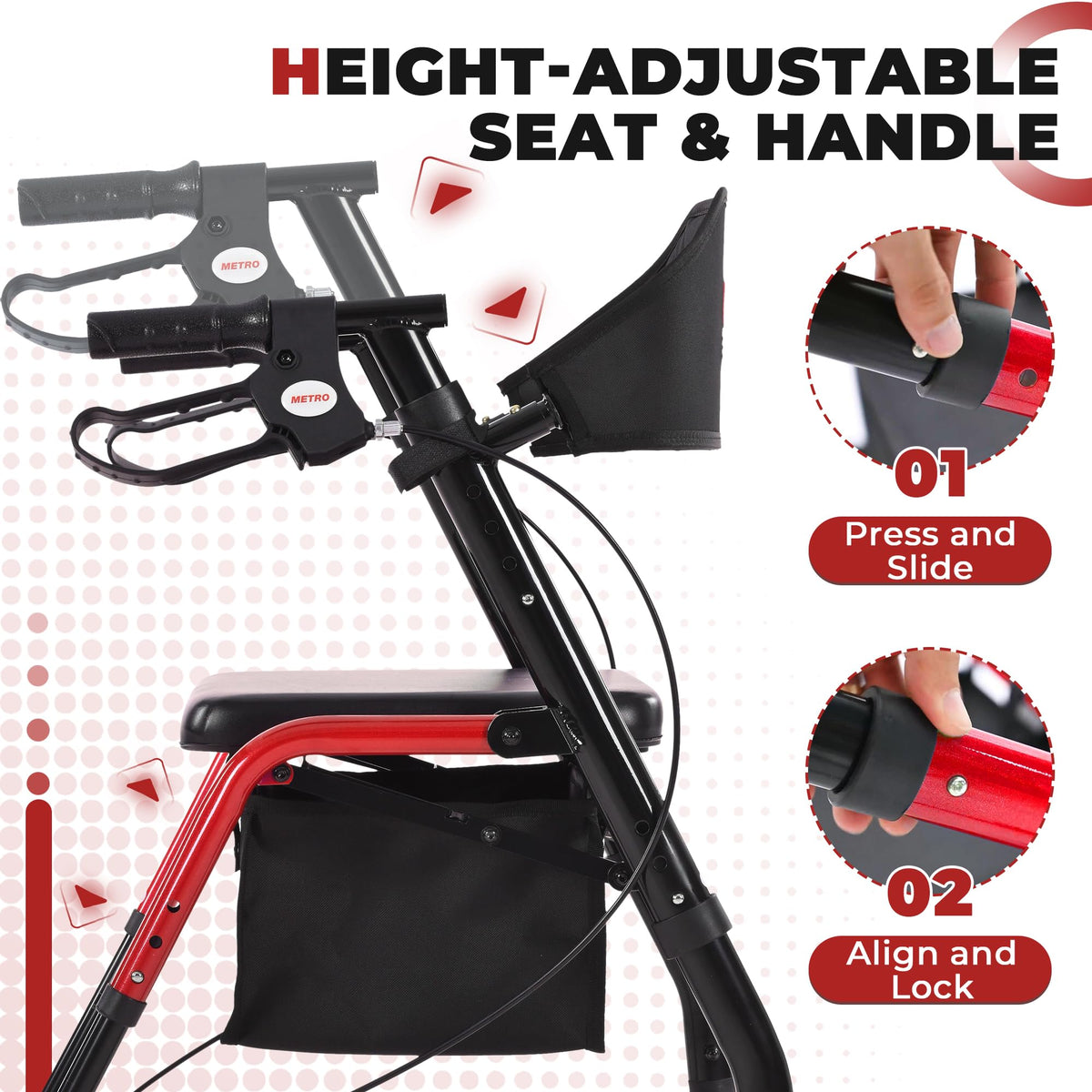 Foldable Lightweight Rolling Walker with Seat, 8" Wheels, 300 lb. Capacity, Red F14487