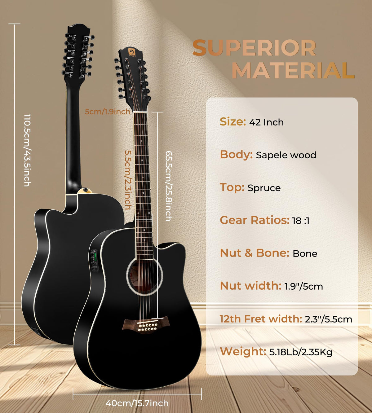 12 String Acoustic Electric Guitar Spruce Top Bone Nut Black Matte L750