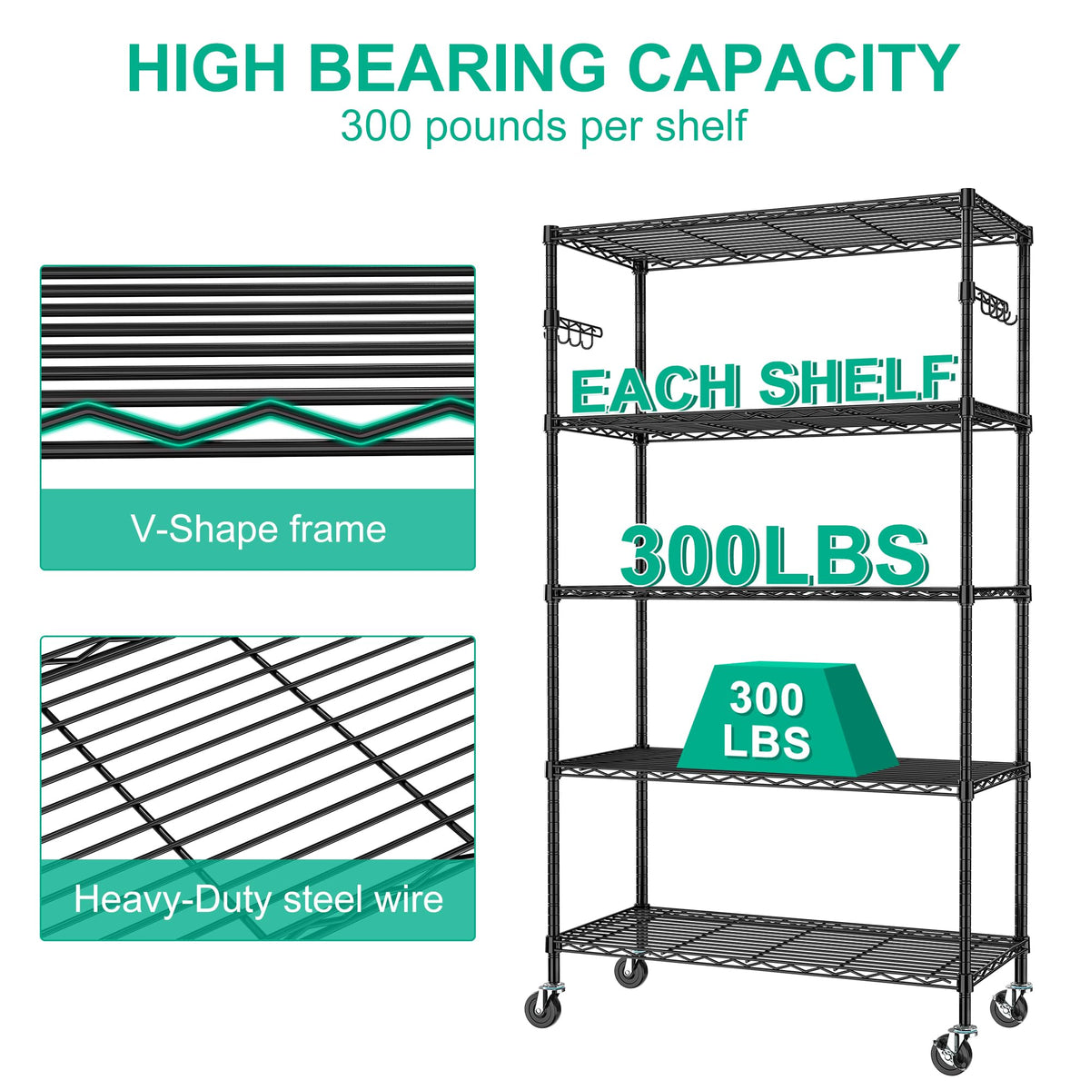 5-Tier Rolling Metal Wire Shelving Unit L432
