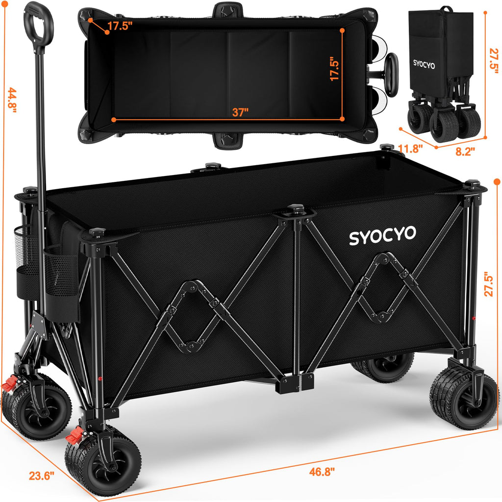 Foldable Collapsible Wagon with All-Terrain Wheels and Cup Holders, Black O161