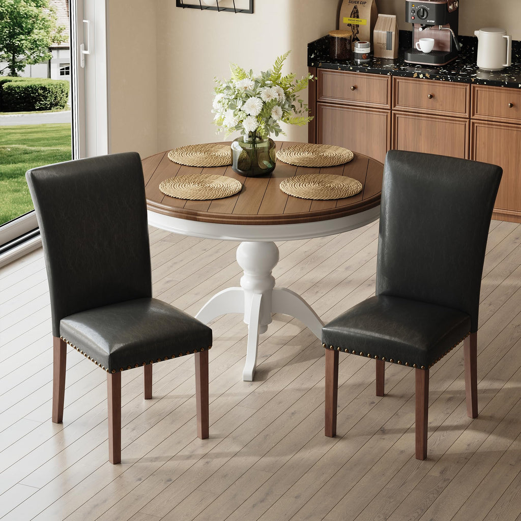 Black Leather Dining Chairs Set of 2 with Wood Legs W9922