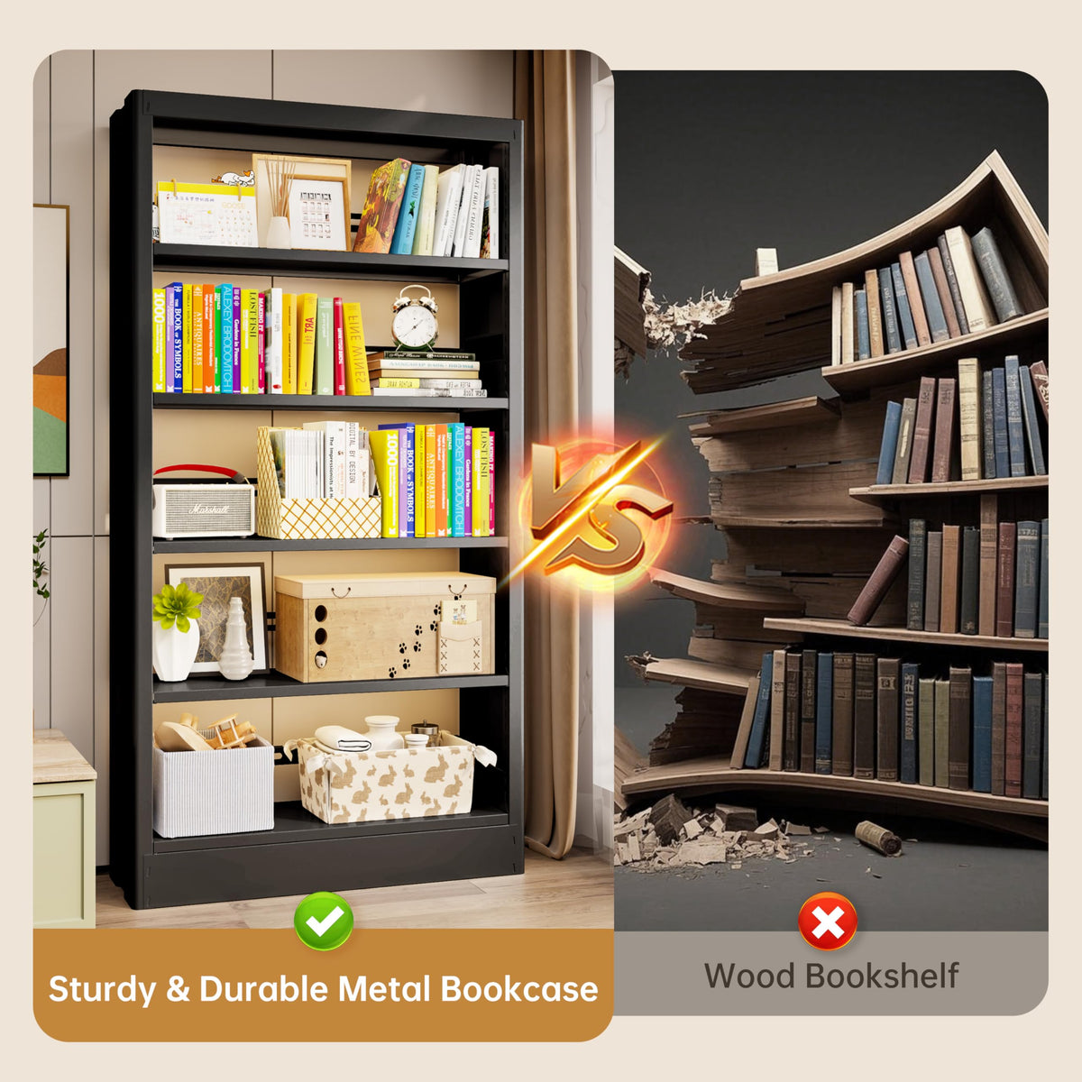 Black 5-Tier Metal Bookcase with Adjustable Shelves A3240