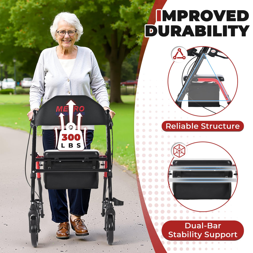 Foldable Lightweight Rolling Walker with Seat, 8" Wheels, 300 lb. Capacity, Red F14487