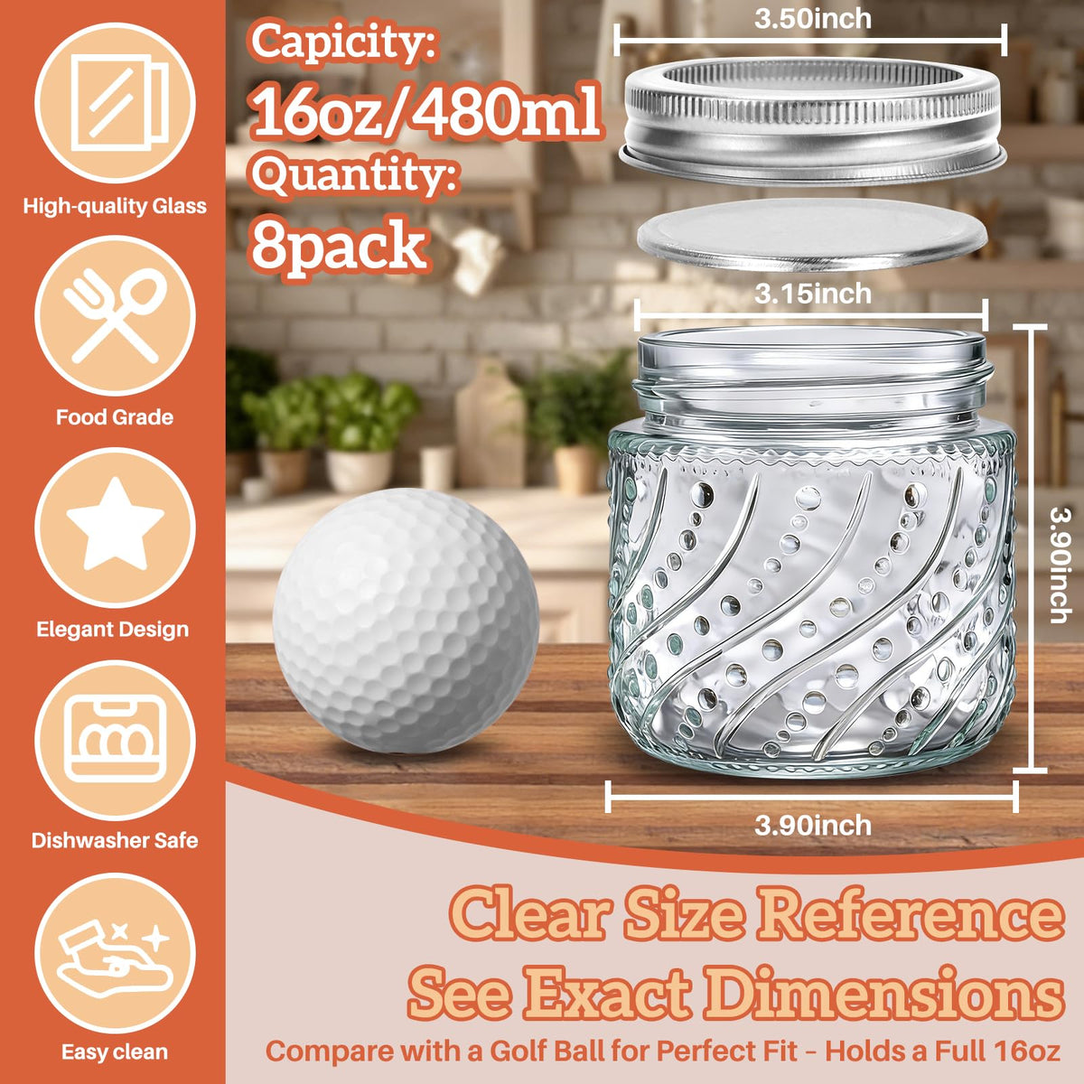 16oz Wide Mouth Mason Jars with Lids and Bands, 8 Pack K38775