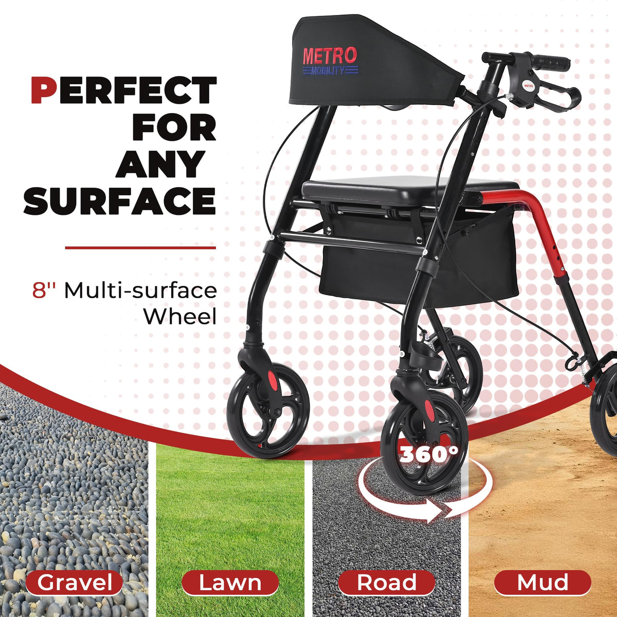 Foldable Lightweight Rolling Walker with Seat, 8" Wheels, 300 lb. Capacity, Red F14487