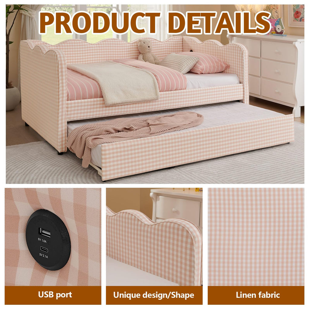 Pink Twin Size Gingham Daybed with Trundle A8930