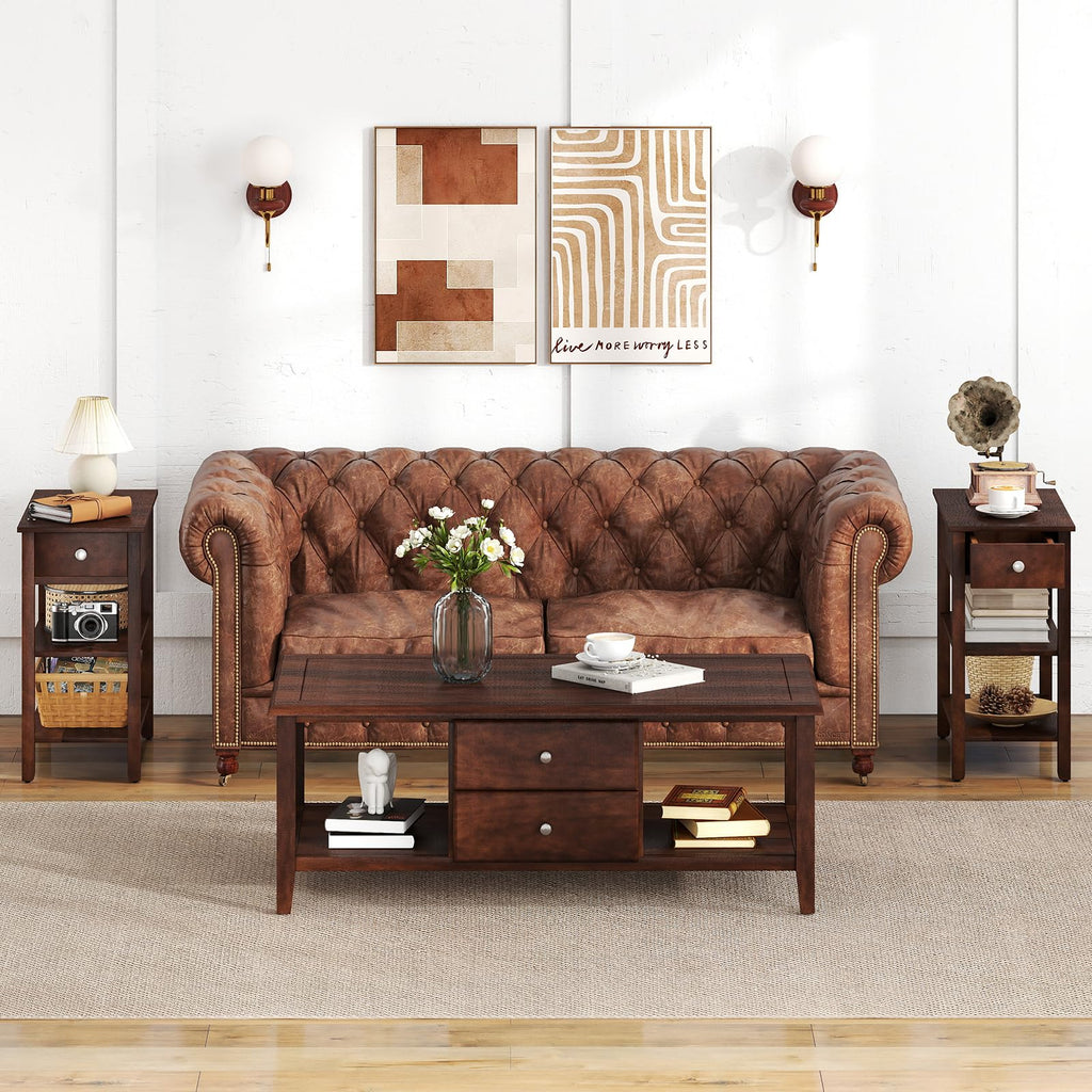 Narrow End Table Set of 2 Wood 3-Tier O915