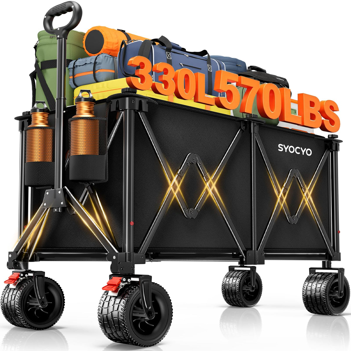 Foldable Collapsible Wagon with All-Terrain Wheels and Cup Holders, Black O161