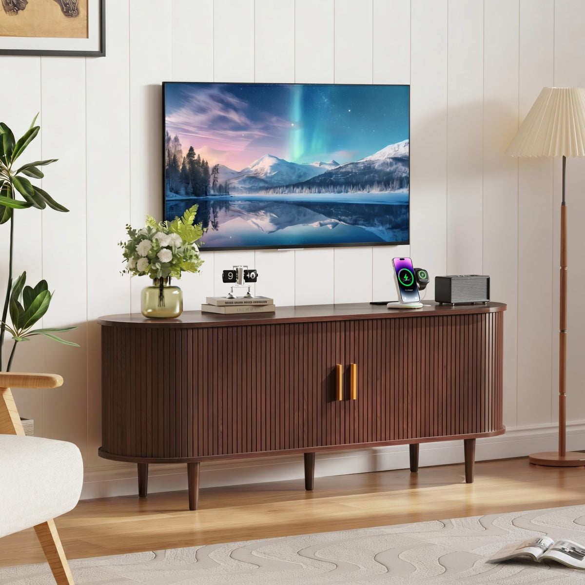55 Inch Mid Century Modern TV Stand with Power Outlet and Adjustable Shelves N881492