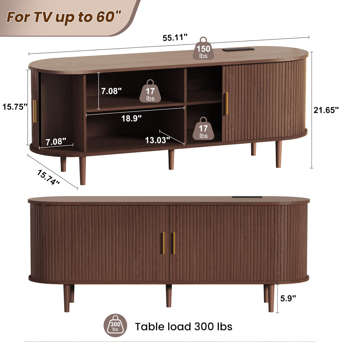 55 Inch Mid Century Modern TV Stand with Power Outlet and Adjustable Shelves N881492