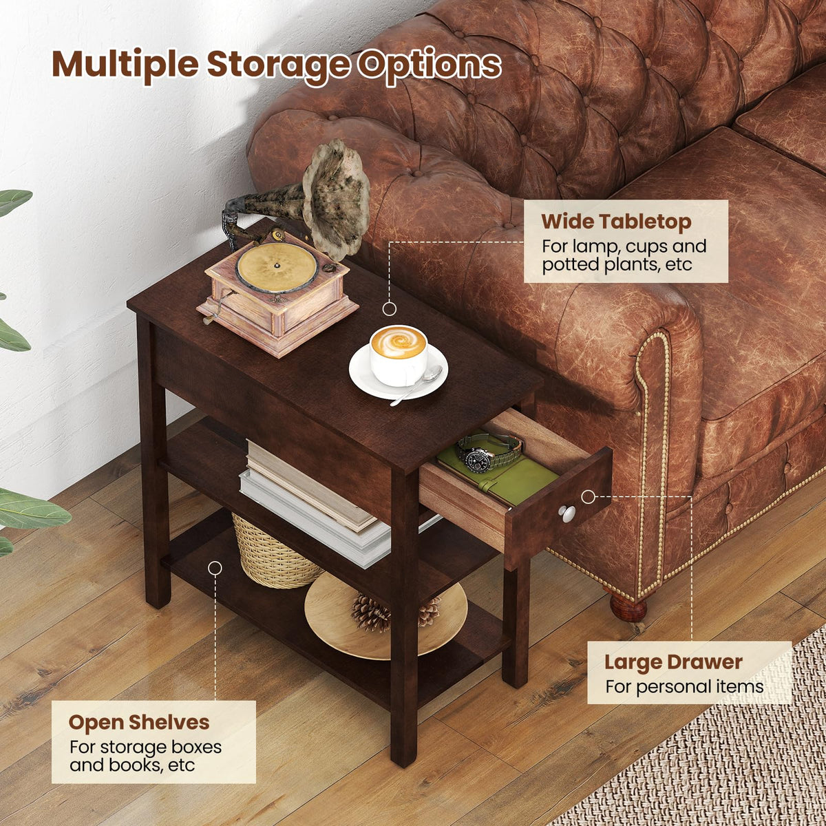 Narrow End Table Set of 2 Wood 3-Tier O915