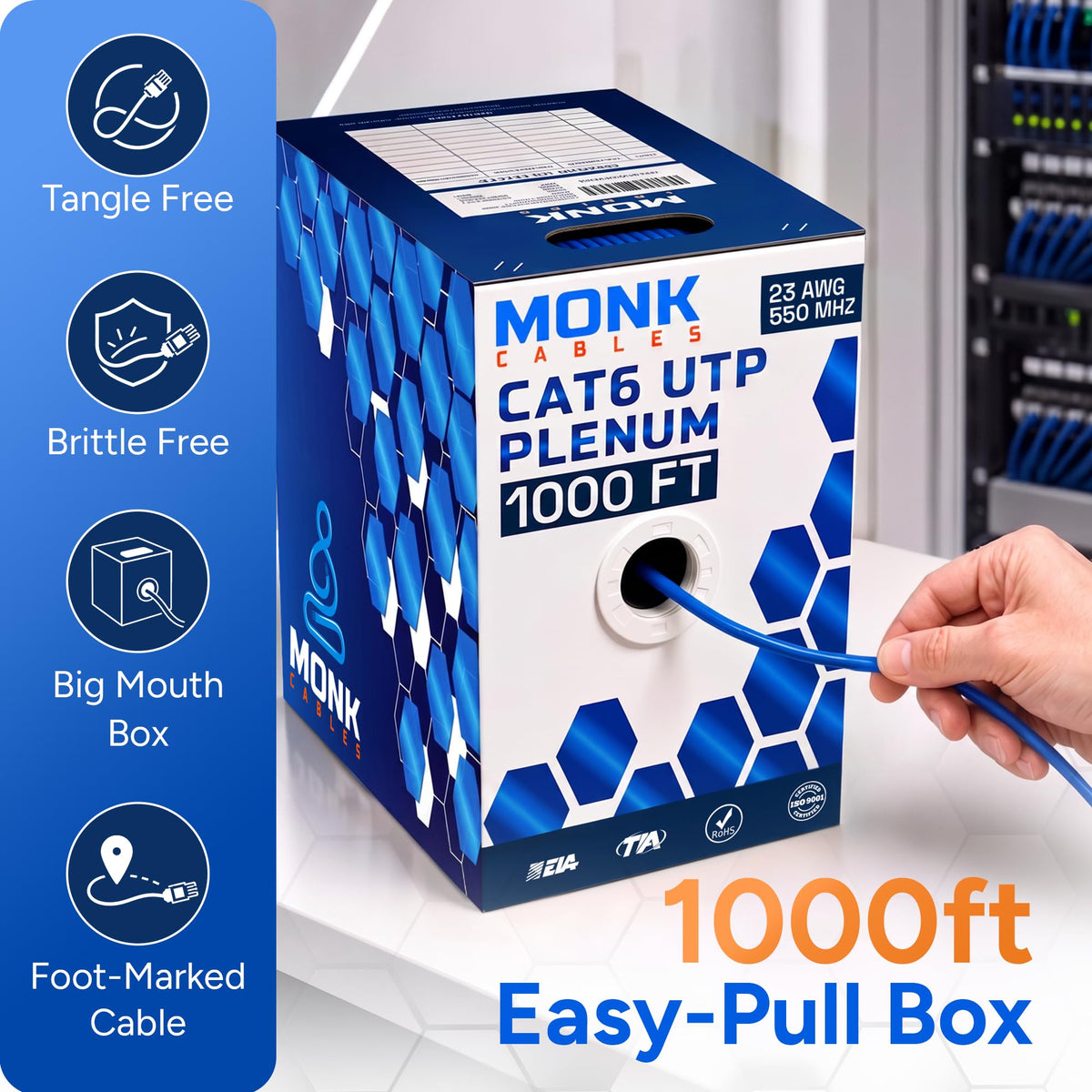 CAT6 Plenum Cable 1000ft UTP 23AWG 550MHz Blue W474