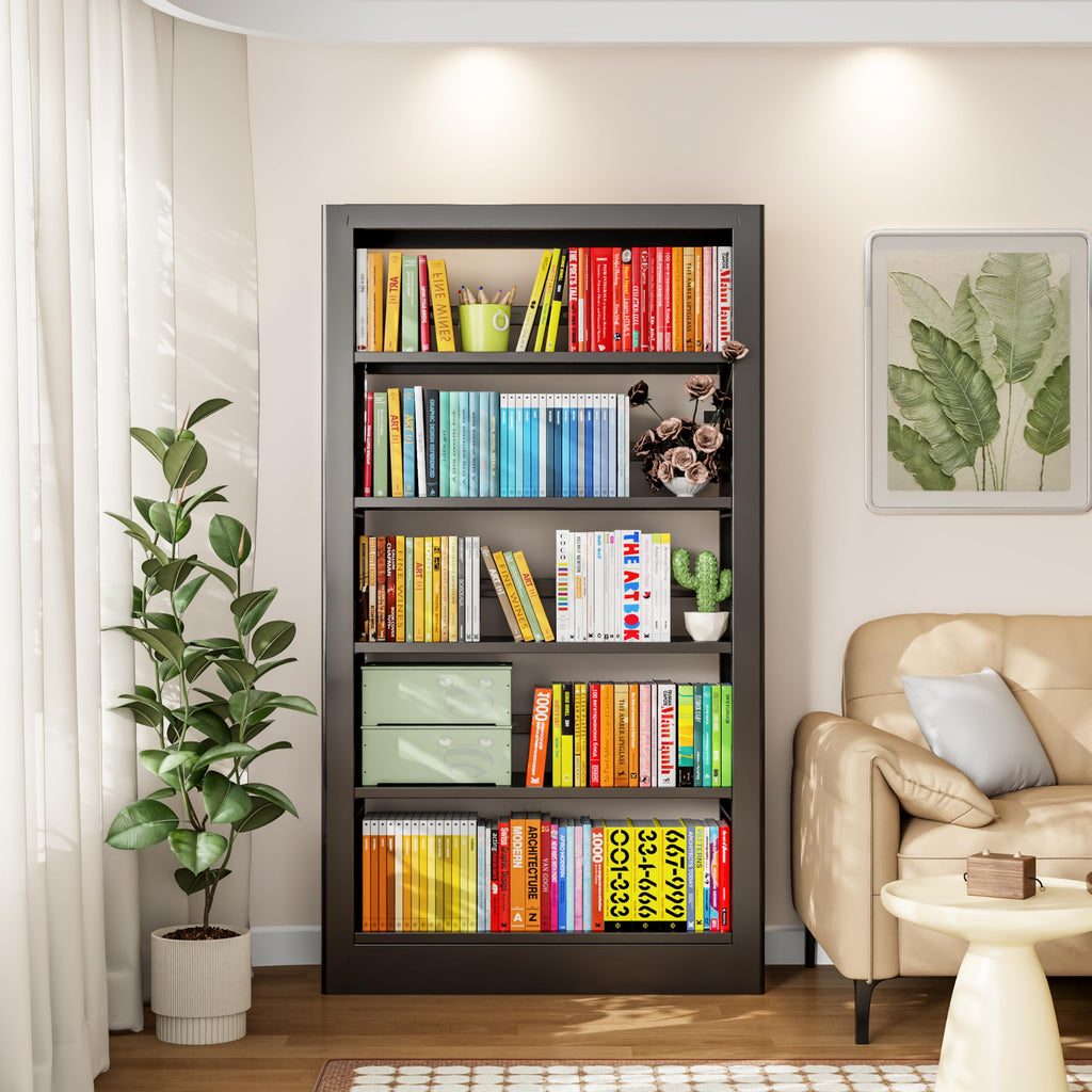 Black 5-Tier Metal Bookcase with Adjustable Shelves A3240