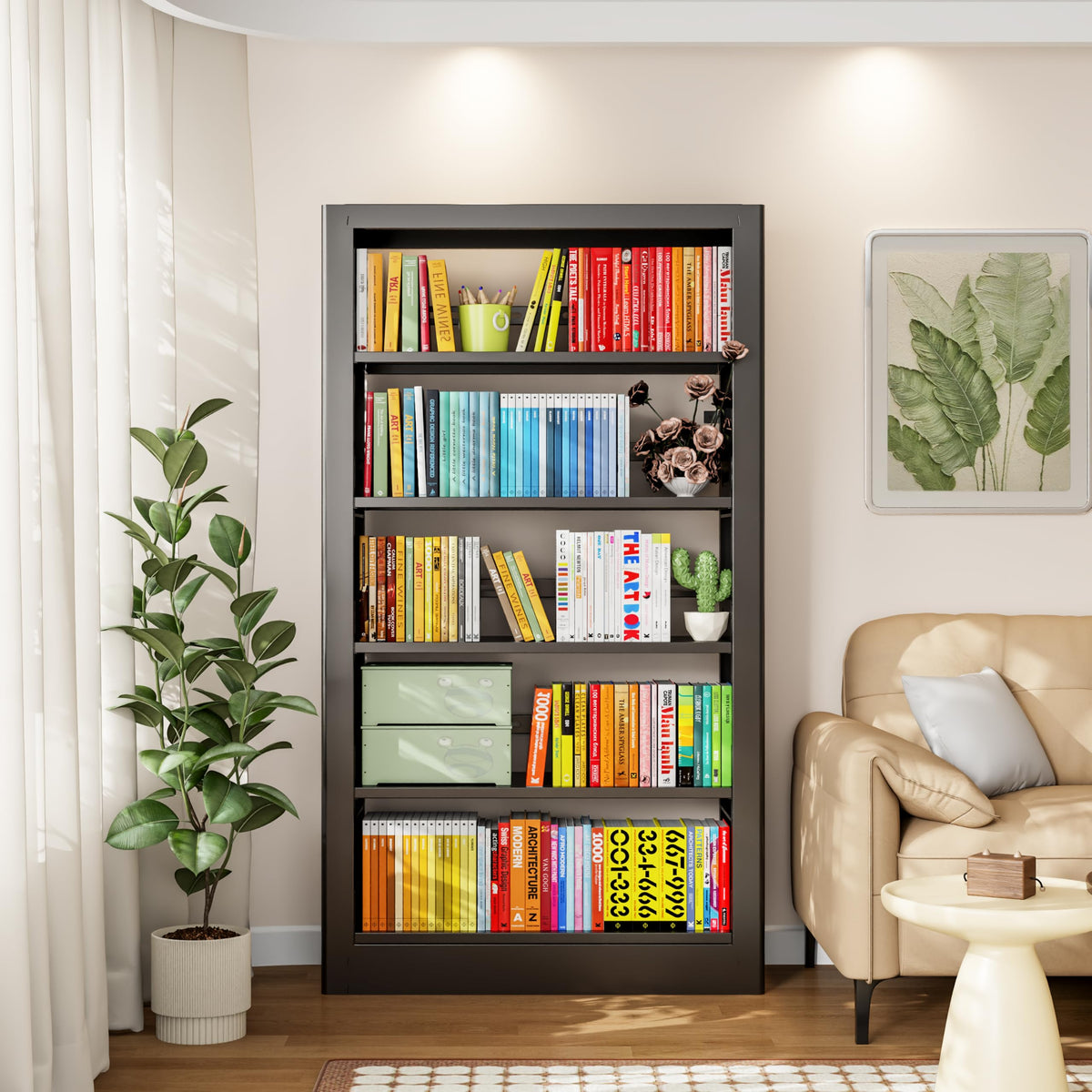 Black 5-Tier Metal Bookcase with Adjustable Shelves A3240