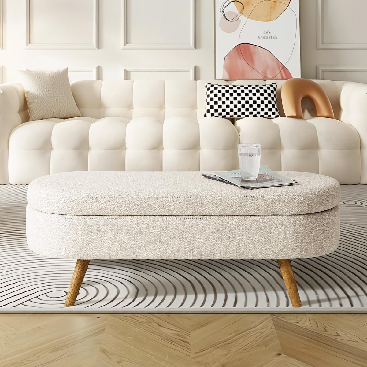 Beige Linen Upholstered Storage Ottoman Bench D611