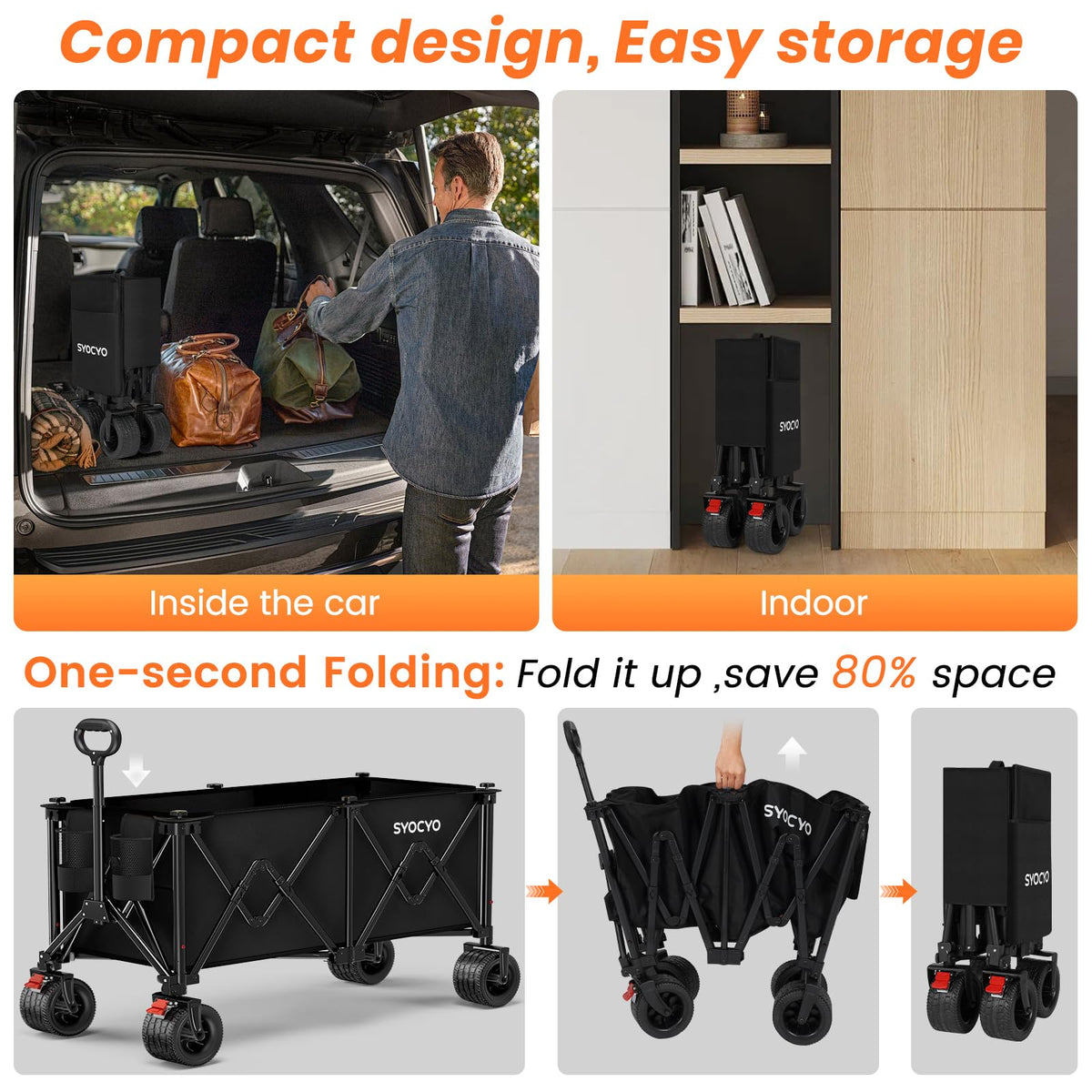 Foldable Collapsible Wagon with All-Terrain Wheels and Cup Holders, Black O161