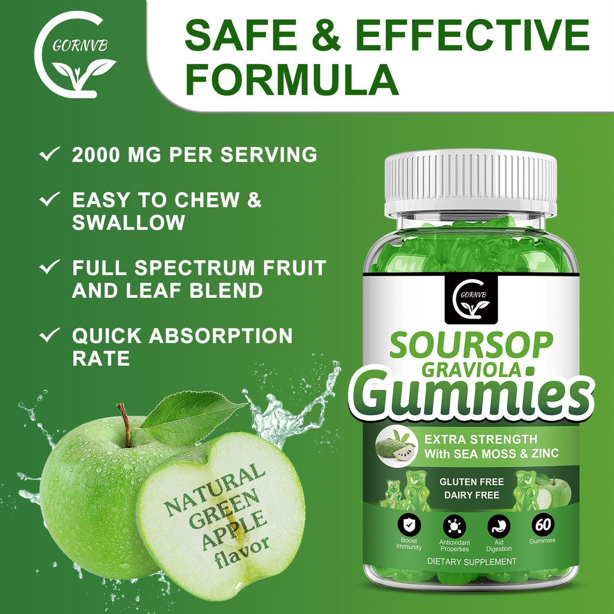 Organic Soursop Graviola Gummies 2200mg with Sea Moss Zinc Vitamin C 60 Gummies F336