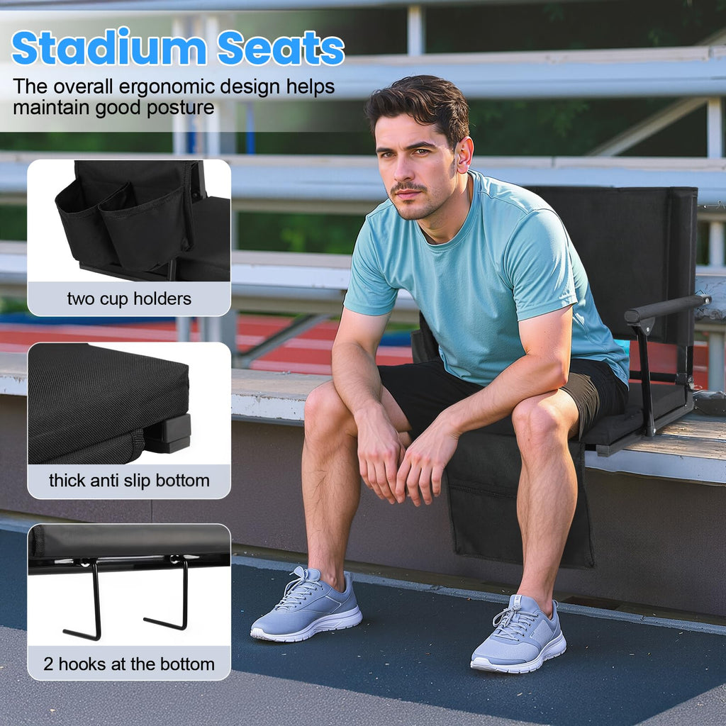 2 Pcs Black Folding Stadium Seats with Back Support and Cup Holder P72579