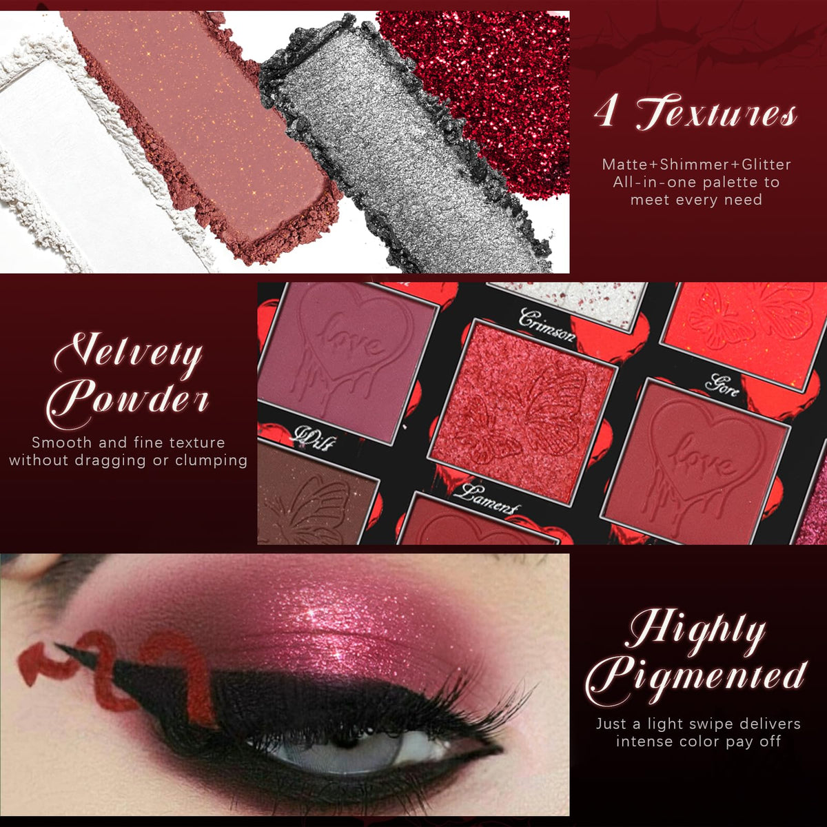 Dark Red Black Burgundy Gray Eyeshadow Palette T5551