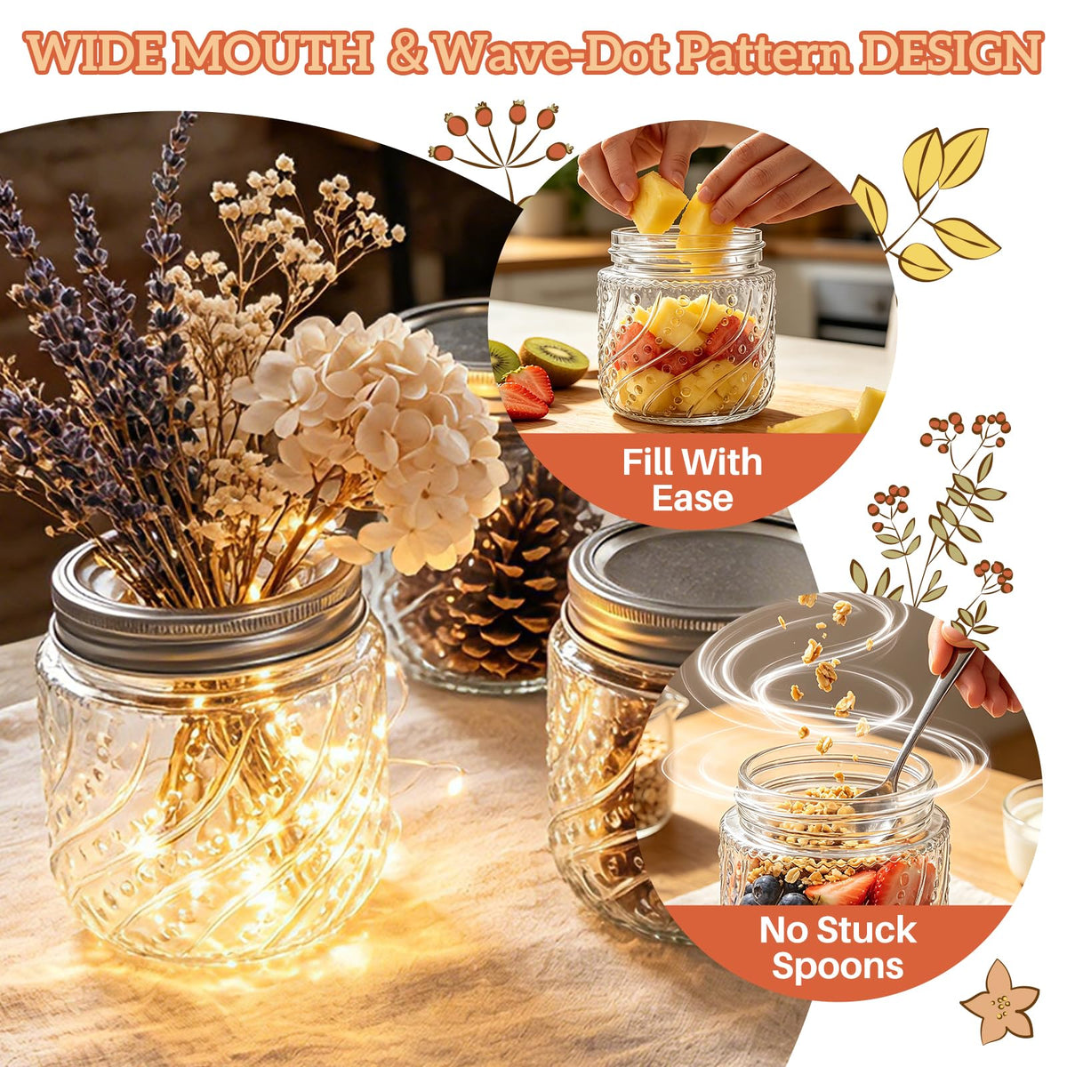 16oz Wide Mouth Mason Jars with Lids and Bands, 8 Pack K38775