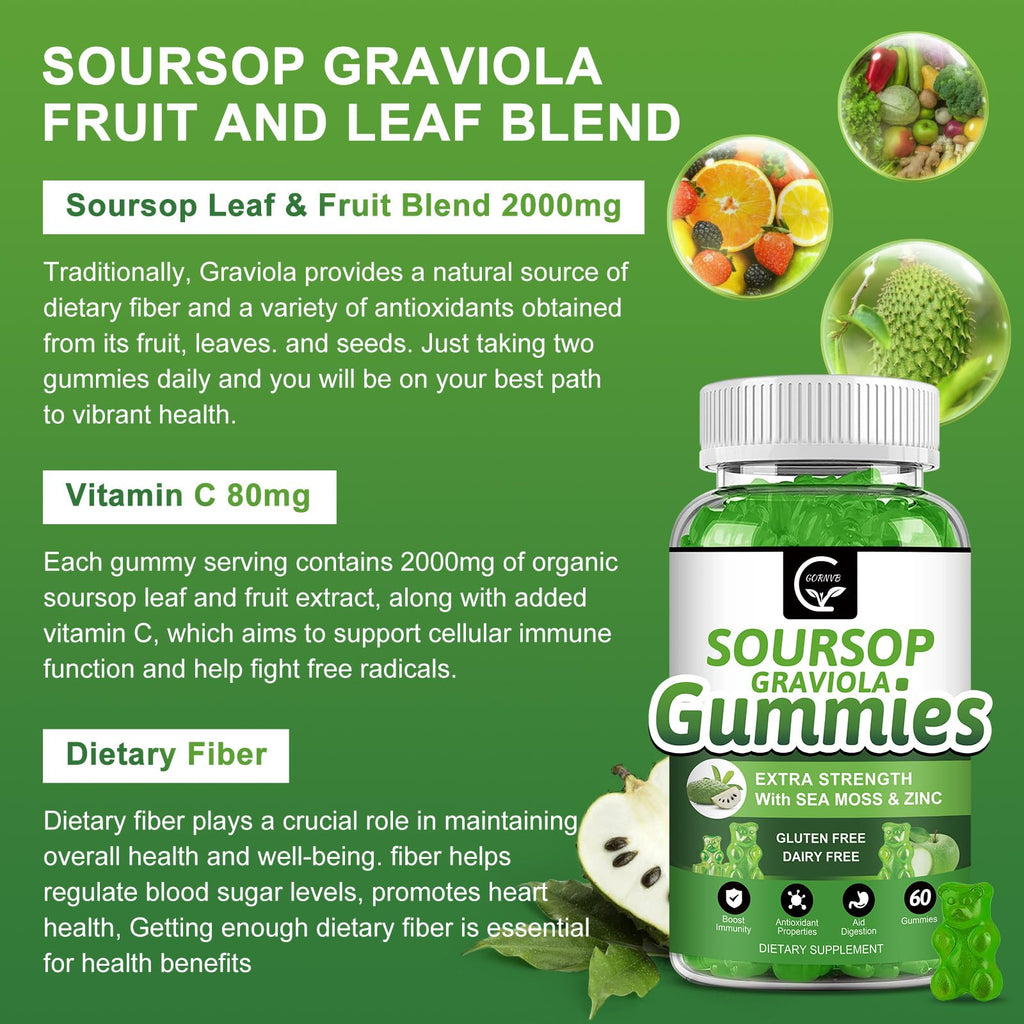 Organic Soursop Graviola Gummies 2200mg with Sea Moss Zinc Vitamin C 60 Gummies F336
