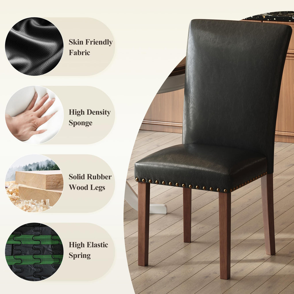 Black Leather Dining Chairs Set of 2 with Wood Legs W9922