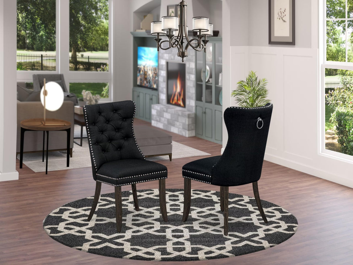 Black Linen Fabric Button Tufted Dining Chairs Set of 2 K28138
