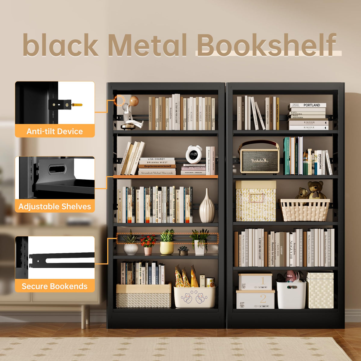 Black 5-Tier Metal Bookcase with Adjustable Shelves A3240
