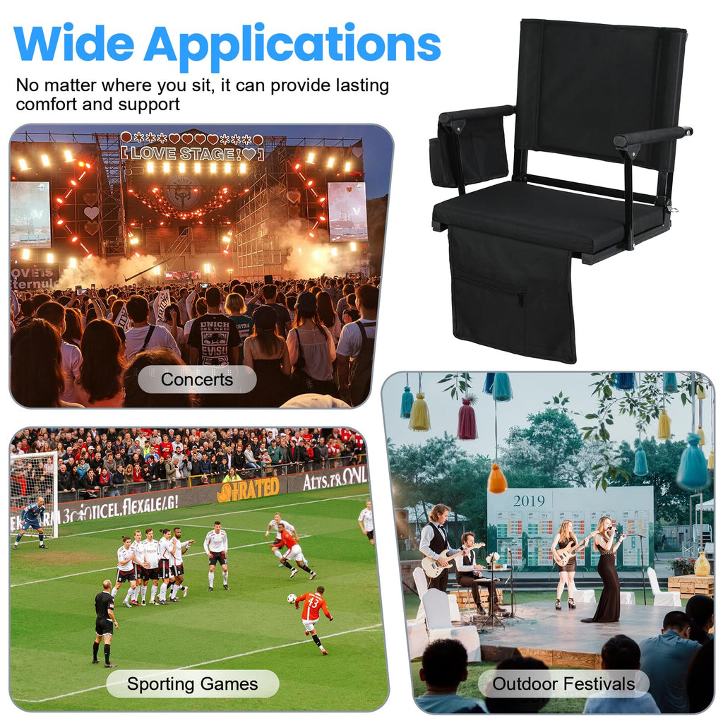 2 Pcs Black Folding Stadium Seats with Back Support and Cup Holder P72579
