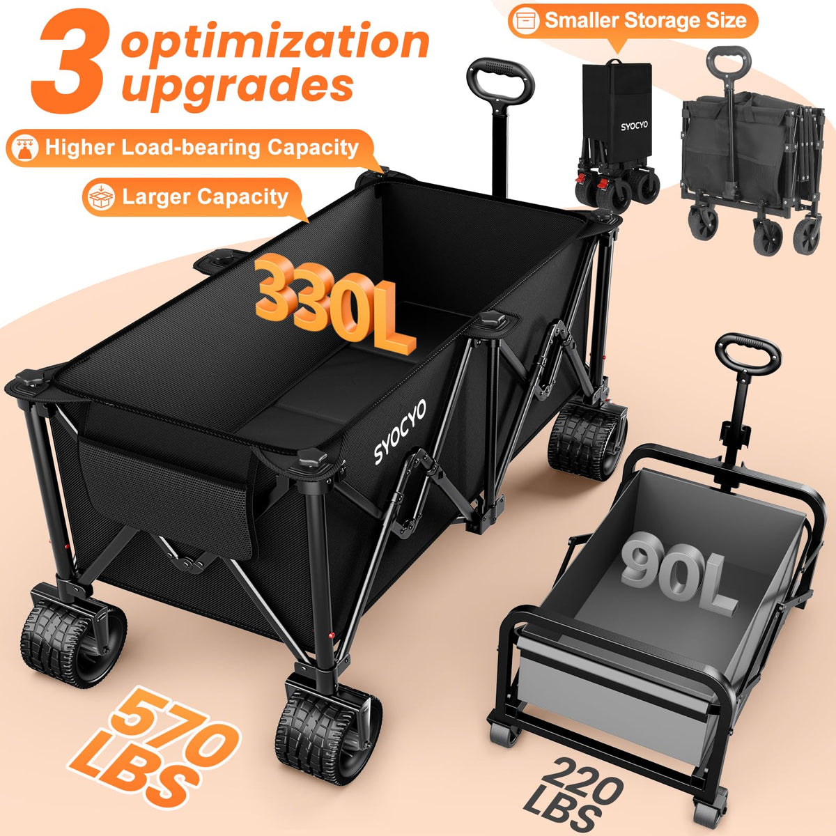 Foldable Collapsible Wagon with All-Terrain Wheels and Cup Holders, Black O161