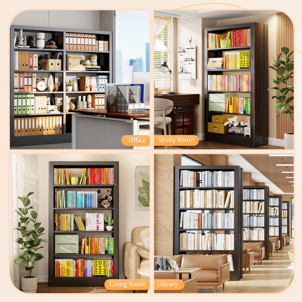Black 5-Tier Metal Bookcase with Adjustable Shelves A3240