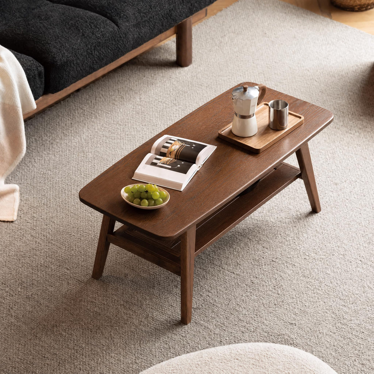 Solid Wood 2-Tier Coffee Table with Shelf Storage C1354