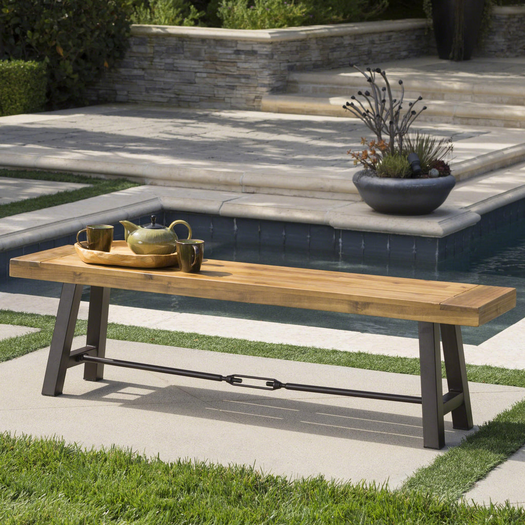 Acacia Wood Outdoor Bench with Metal Accents B298738